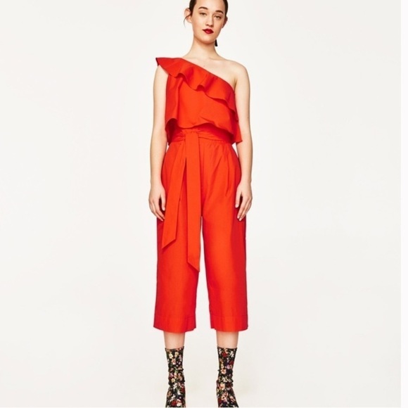 Zara One Shoulder Frilled Cropped Jumpsuit - Picture 1 of 13